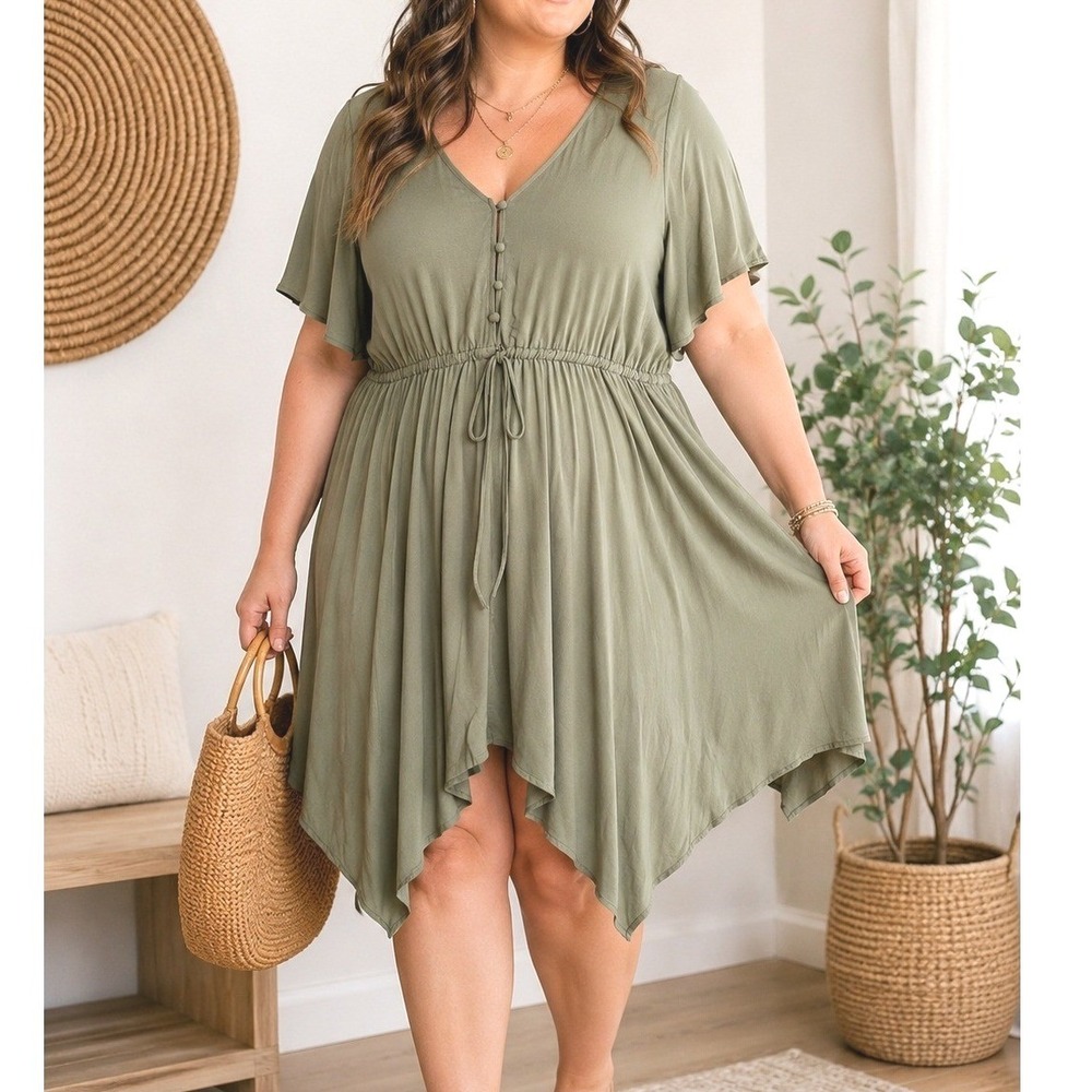 Torrid Olivine Green Washable Challis Sharkbite Flutter Sleeve Babydoll Top 2X‎